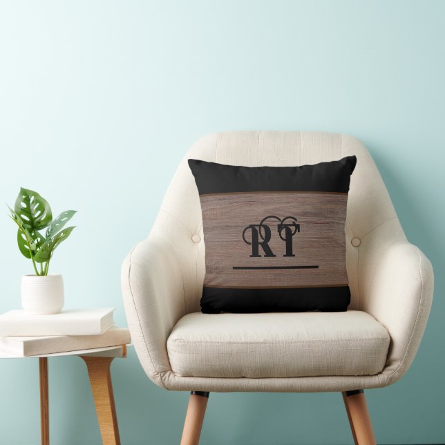 Rustiek hout bruin en zwart monogram kussen (Stoel)