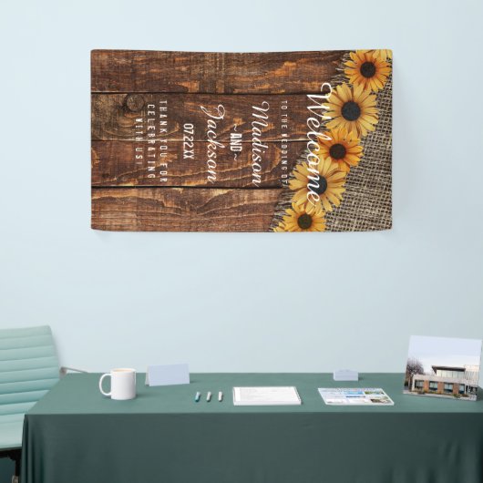 Rustiek Hout & Burlap Zonnebloem Bruiloft Welkom Spandoek (Beurs)