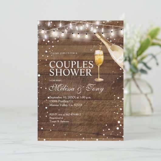 Rustiek Hout Cocktail String Lights Paar Douche Kaart (Staand voorkant)