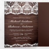 Rustiek Hout Country Lace String Lights Wedding Drieluik Uitnodiging (Binnenzijde eerst)