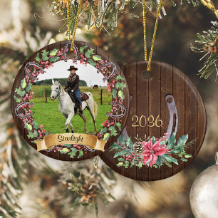 Rustiek Hout Custom Paard Foto Kerstmis Keramisch Ornament