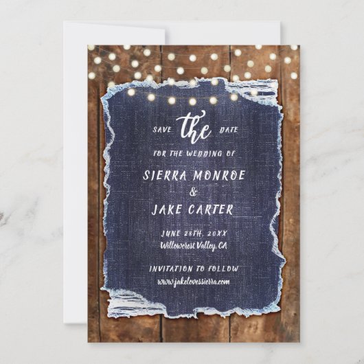 Rustiek Hout Denim Schrijven Foto Huwelijk Save Da Kaart (Voorkant)