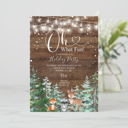 Rustiek Hout Dier Pijnbomen Vakantie Party Kaart (Staand voorkant)