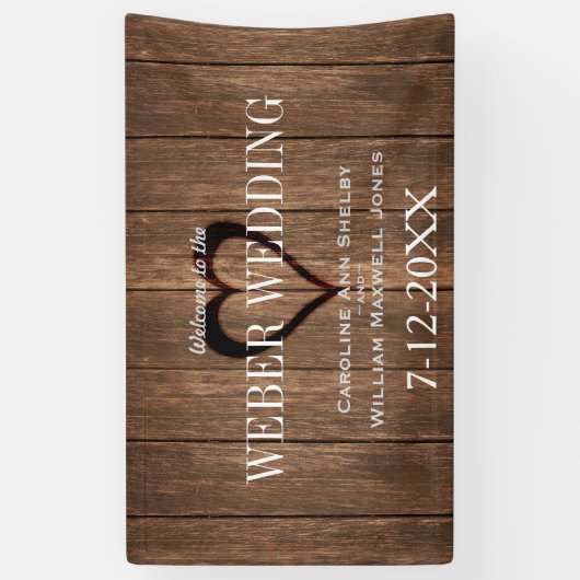 Rustiek hout en gegraveerd hart bruiloft banner (Verticaal)