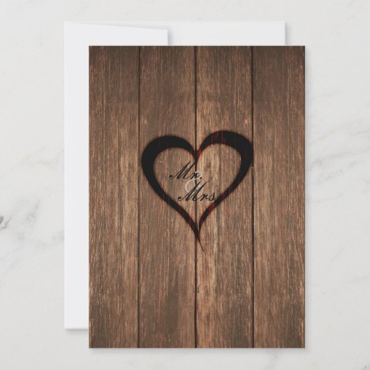 Rustiek hout en gegraveerd hart bruiloft uitnodigi kaart (Achterkant)