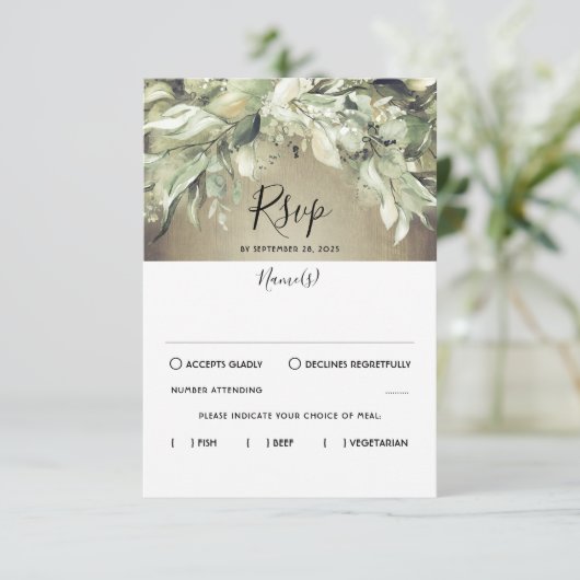 Rustiek hout en groen bruiloft RSVP (Staand voorkant)