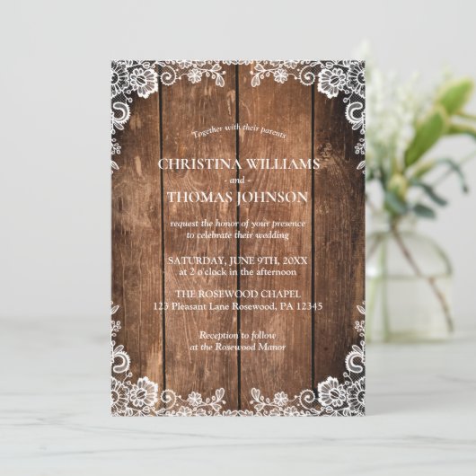 Rustiek hout en kant land bruiloft kaart (Staand voorkant)