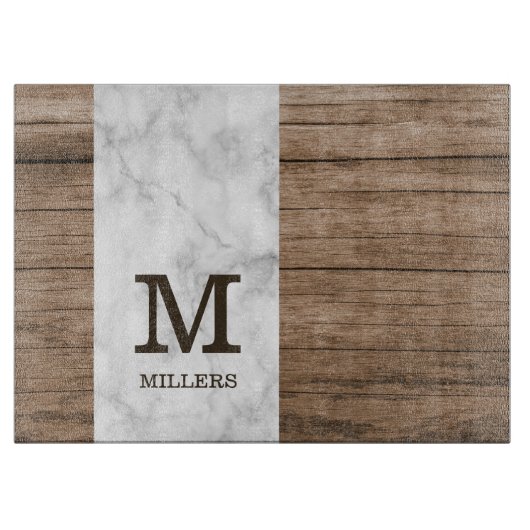 Rustiek Hout en Marmer Familienaam Monogrammed Snijplank (Voorkant)