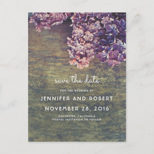 Rustiek Hout en Paarse Lilacs Floral Save the Date Aankondigingskaart (Voorkant)