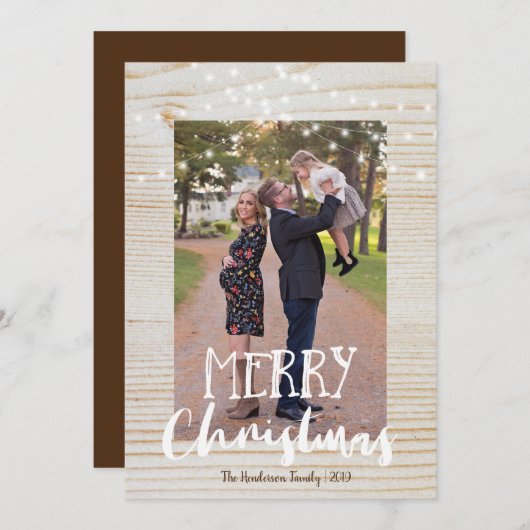 Rustiek Hout en String Licht Foto Vrolijk Kerstmis Feestdagenkaart (Voorkant / Achterkant)