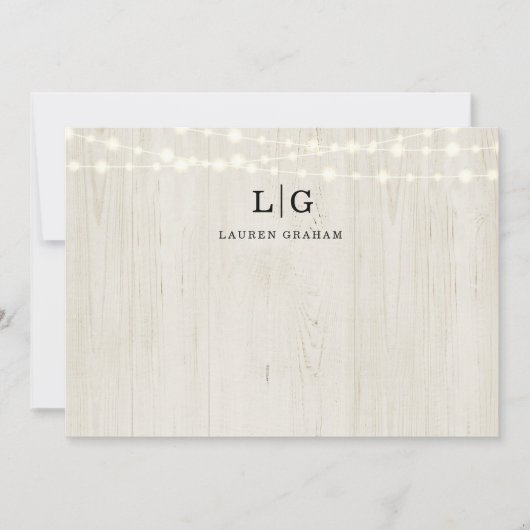 Rustiek hout en String Lights Monogram Initiaal Notitiekaartje (Voorkant)
