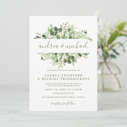 Rustiek hout & Eucalyptus groen bruiloft Kaart (Staand voorkant)