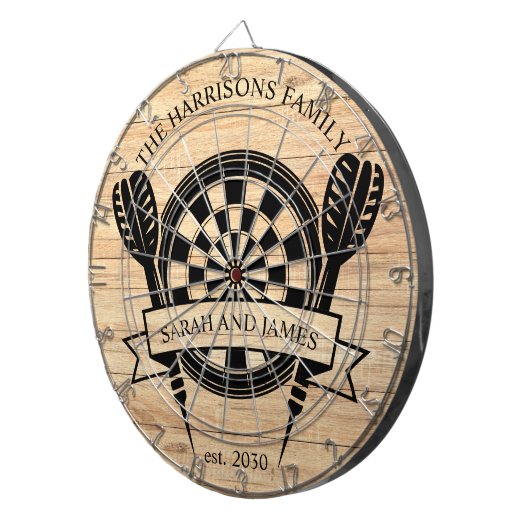 Rustiek Hout Familie Custom Name Wedding Dartbord (Voorkant Rechts)
