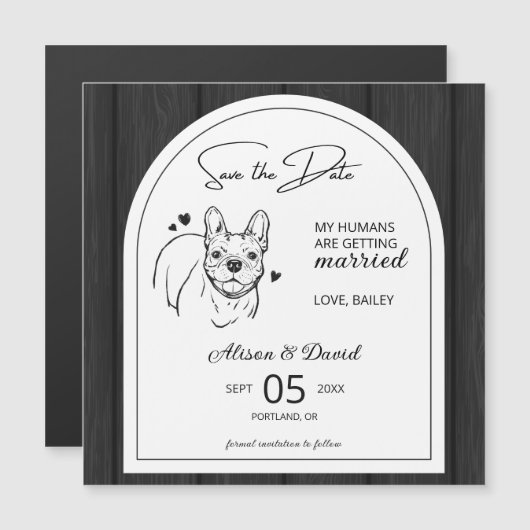 Rustiek Hout Frans Bulldog Bruiloft Save the Date Magnetische Uitnodiging (Voorkant / Achterkant)
