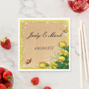 Rustiek Hout Geel Bloemen Vlinder Trouwpapier Servet