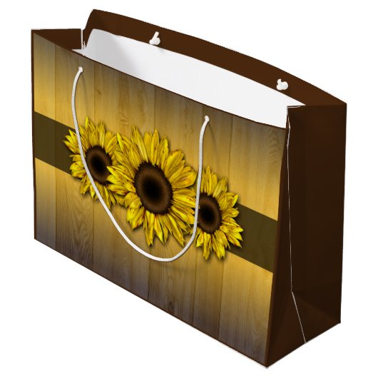 Rustiek hout gele zonnebloem cadeau zak large cadeautasje (Achterkant Gekanteld)