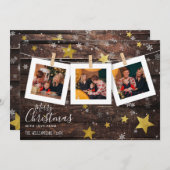 Rustiek Hout Gouden Sterren & Sneeuw | Kerstfoto Feestdagenkaart (Voorkant / Achterkant)