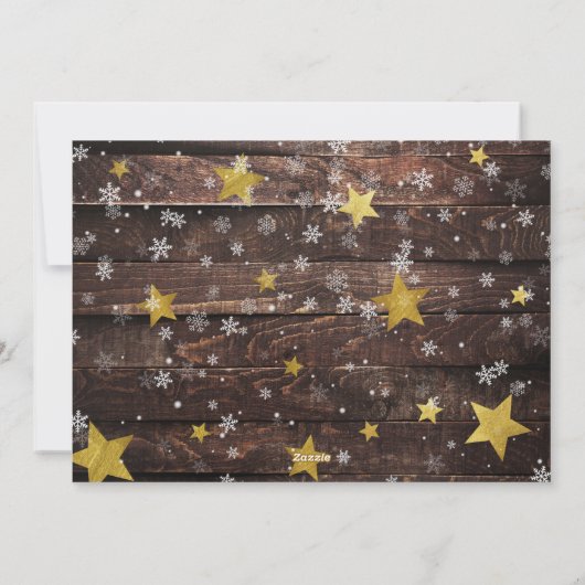 Rustiek Hout Gouden Sterren & Sneeuw | Kerstfoto Feestdagenkaart (Achterkant)