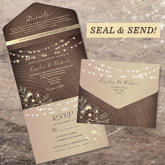 Rustiek Hout Gouden String Lights Wedding All In One Uitnodiging