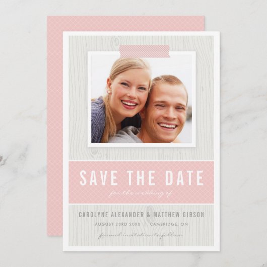 Rustiek Hout Graan Patroon Roze Foto Save the Date (Voorkant / Achterkant)