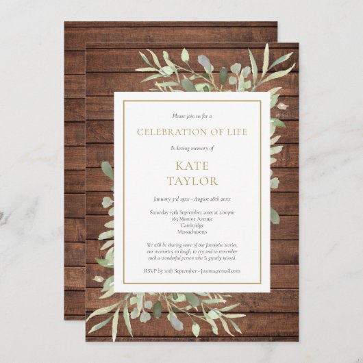 Rustiek hout groen begrafenis viering van het leve kaart (Voorkant / Achterkant)