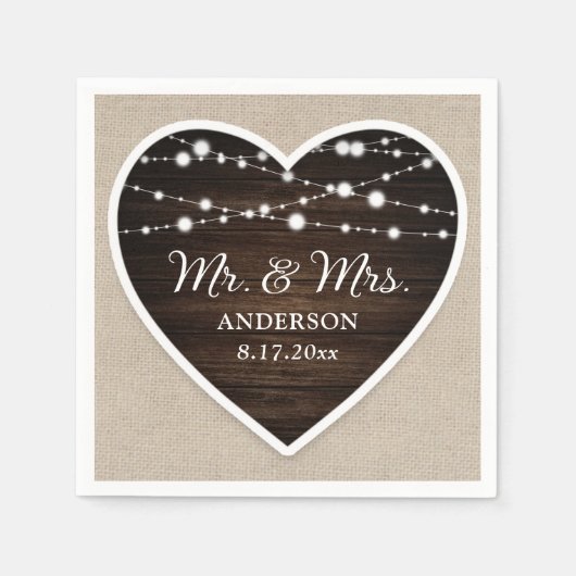 Rustiek Hout Hart String Lights Mr en Mrs Wedding Servet (Voorkant)