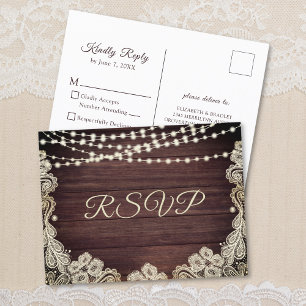 Rustiek Hout Ivoor Kant String Lights Bruiloft RSV Uitnodiging Briefkaart