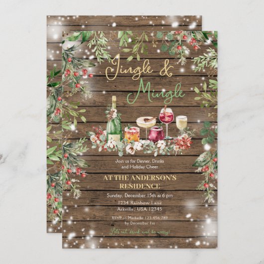 Rustiek Hout Jingle & Mingle Kerstdiner Kaart (Voorkant / Achterkant)