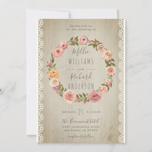 Rustiek Hout, Kant & Bloemen Krans Trouwen Kaart (Voorkant)