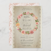Rustiek Hout, Kant & Bloemen Krans Trouwen Kaart (Voorkant / Achterkant)