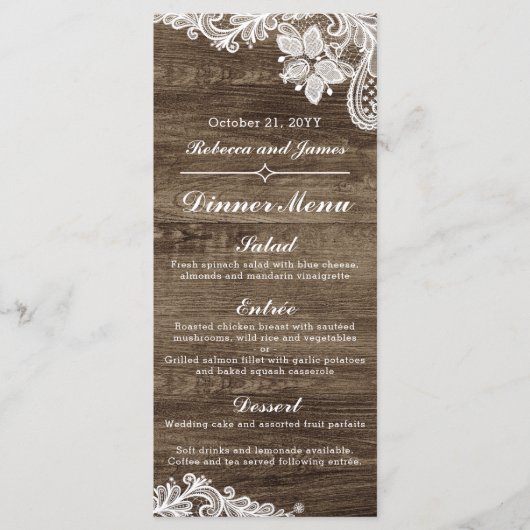 Rustiek Hout & Kant Bruiloft Diner Menu (Voorkant)