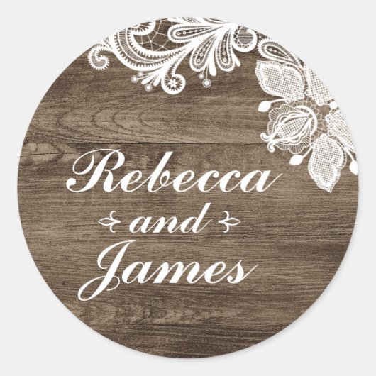 Rustiek Hout &  Kant Bruiloft Gepersonaliseerd Ronde Sticker (Voorkant)