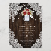 Rustiek Hout Kant Rode Rose Baby's Breath Wedding Kaart (Voorkant / Achterkant)