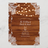 Rustiek Hout Kant & String Lights Wedding Kaart (Voorkant / Achterkant)