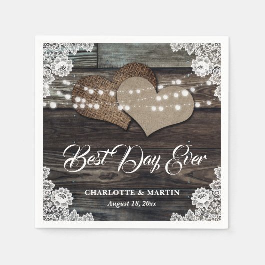 Rustiek hout kant twee jute harten bruiloft servet (Voorkant)