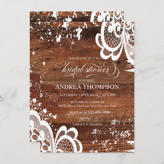 Rustiek hout | Kanten bruidsdouche Kaart (Voorkant / Achterkant)