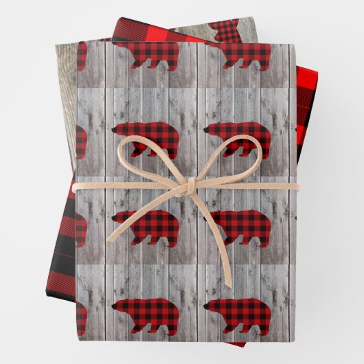 Rustiek Hout Kersthert beer Rode Buffel Check Inpakpapier Vel (In situ)