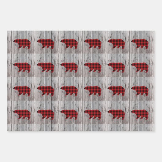 Rustiek Hout Kersthert beer Rode Buffel Check Inpakpapier Vel (Voorkant)