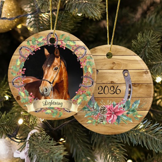 Rustiek Hout Kerstpaard Foto gepersonaliseerd Keramisch Ornament