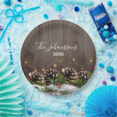 Rustiek hout land pijnbomen Lichten & Sneeuw Kerst Papieren Bordje (Feest)