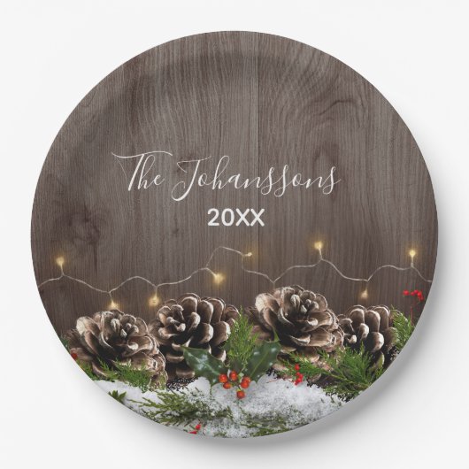 Rustiek hout land pijnbomen Lichten & Sneeuw Kerst Papieren Bordje (Voorkant)