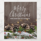 Rustiek hout land pijnbomen Lichten & Sneeuw Kerst Wijn Etiket (Enkel label)