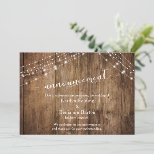 Rustiek Hout & Lichten Geannuleerd Bruiloft Aankon Kaart (Staand voorkant)