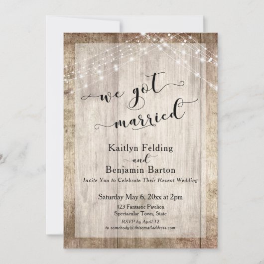 Rustiek hout & lichten, We Zijn Getrouwd, Ontvangs Kaart (Voorkant)