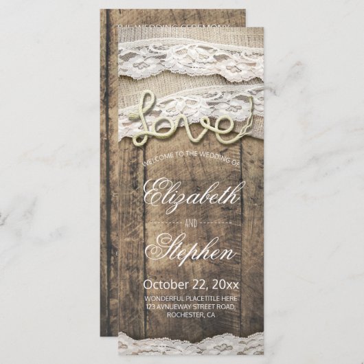 Rustiek hout liefde touw burlap kant bruiloft prog programma (Voorkant / Achterkant)