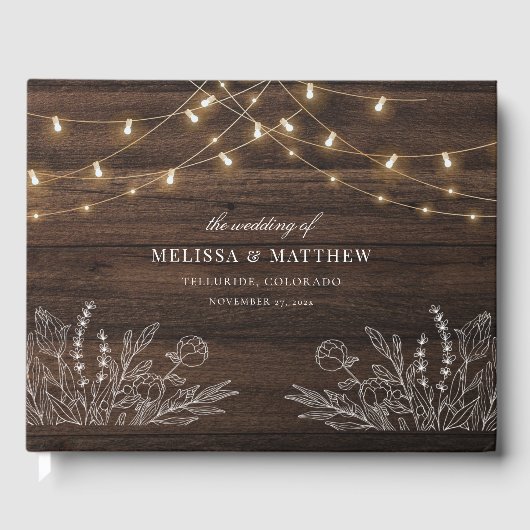 Rustiek Hout Look String Lights Wedding Gastenboek (Voorkant)