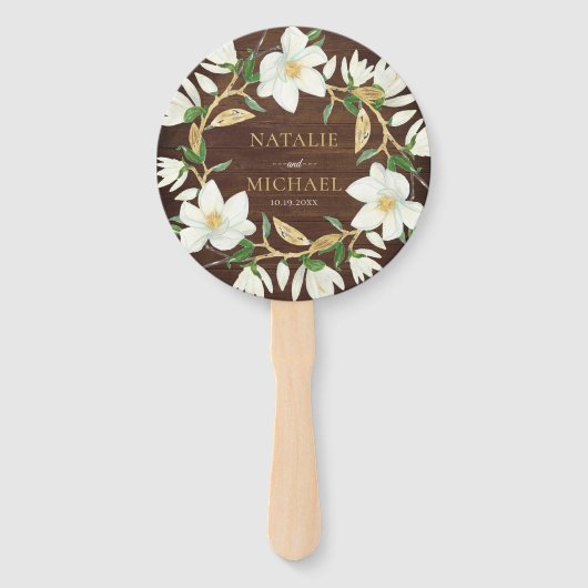 Rustiek Hout Magnolia Aangepaste Bruiloft Handwaaier (Voorkant)