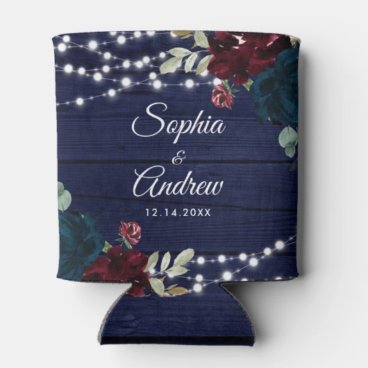 Rustiek Hout Marsala & Navy Blauwe Bloemen Blikjeskoeler (Achterkant)