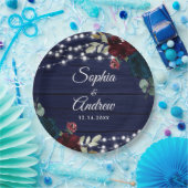 Rustiek Hout Marsala & Navy Blauwe Bloemen Papieren Bordje (Feest)