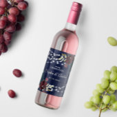 Rustiek Hout Marsala & Navy Blauwe Bloemen Wijn Etiket